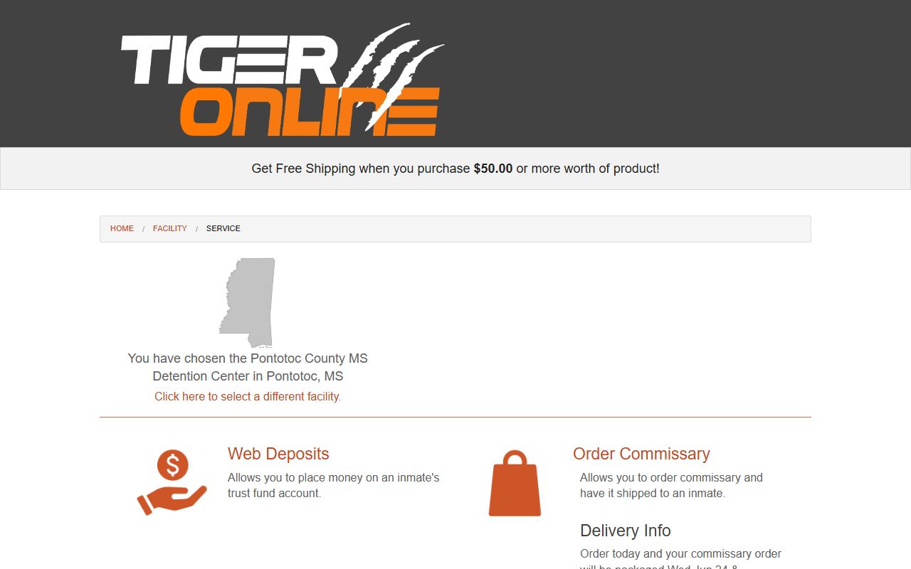 Tiger Commissary services for Pontotoc County Adult Detention Center inmate deposits