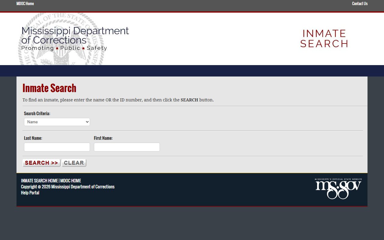 Pontotoc County inmate records using the MS.gov MDOC inmate search criteria page