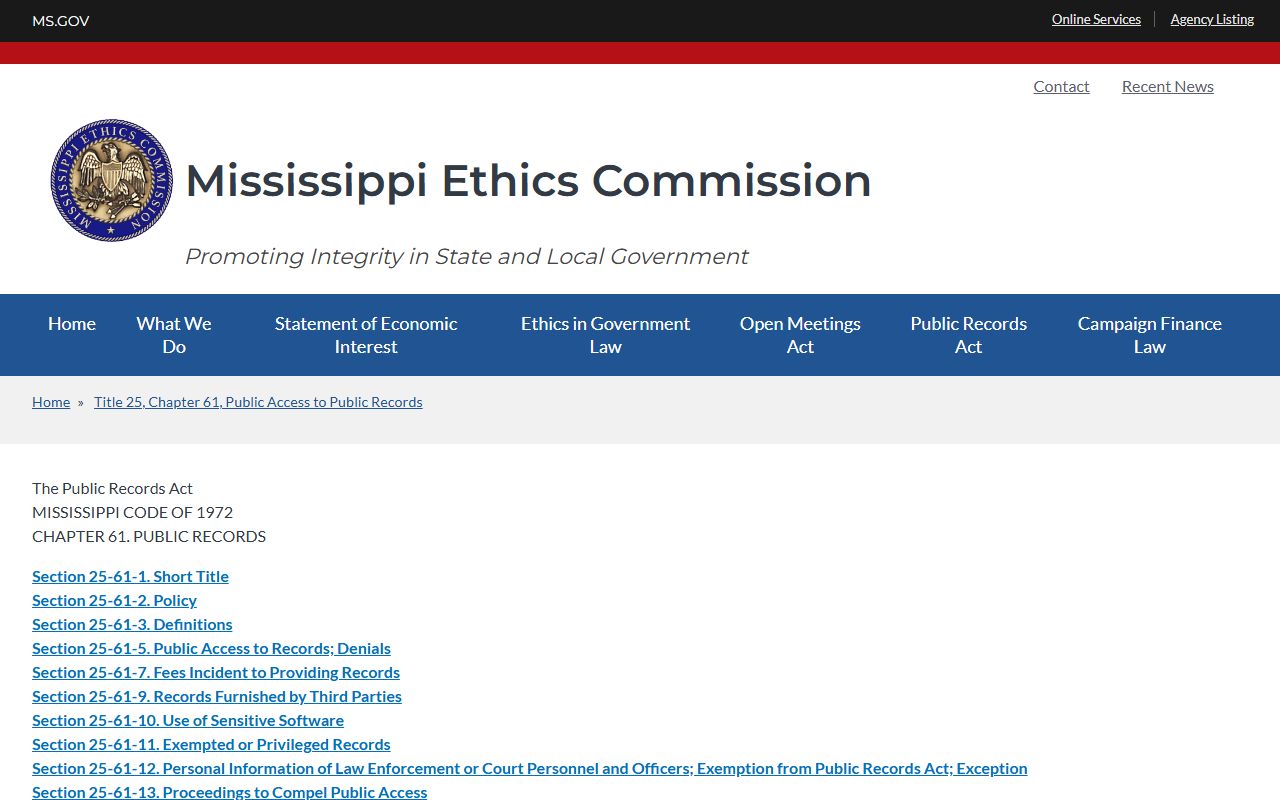 Mississippi Public Records Act source for Pontotoc County inmate records